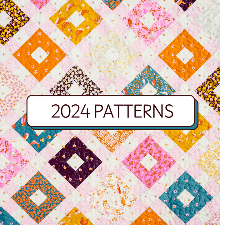 All the quilt patterns released by Kitchen Table Quilting in 2024, featuring a variety of colorful designs showcasing different fabrics and layouts.