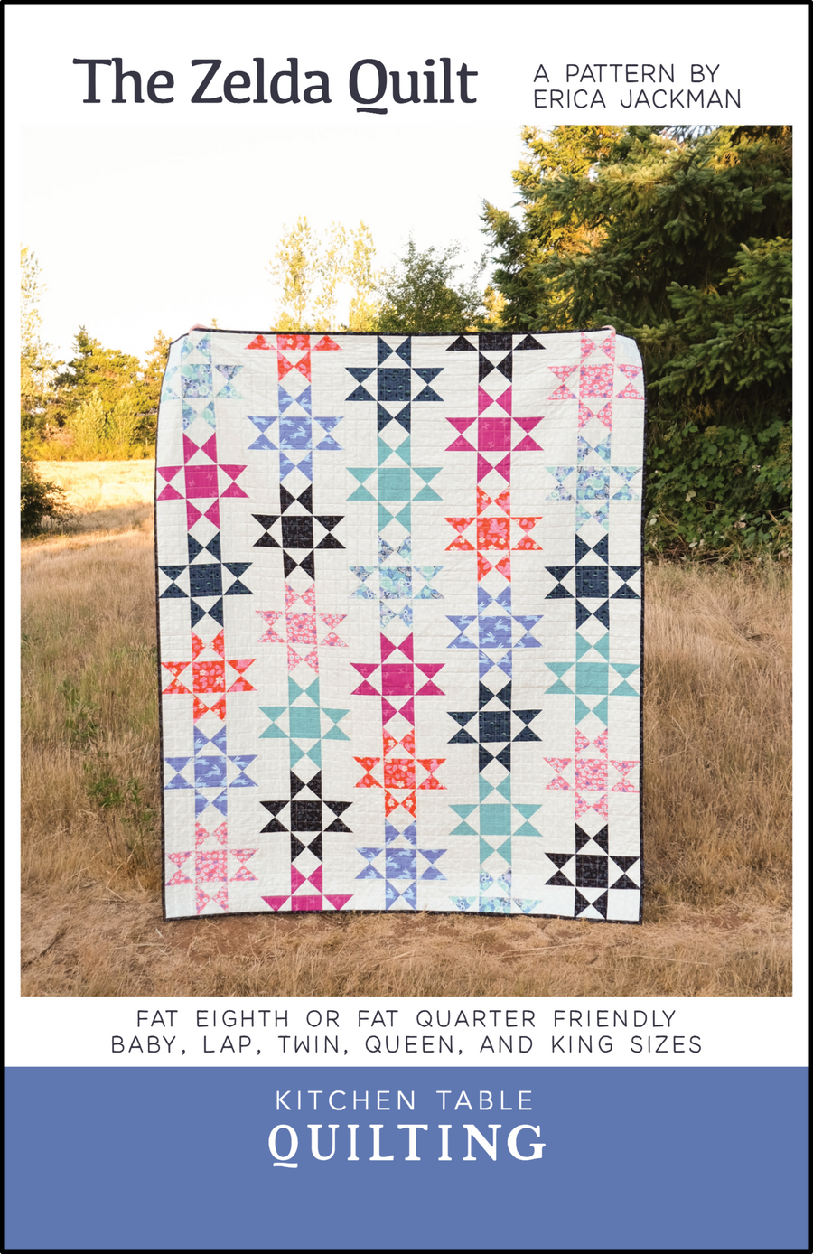 The Zelda Quilt Pattern in Backyard by Ruby Star Society. This quilt is fat eighth or fat quarter friendly and has instructions for baby, lap, twin, queen, and king sizes.